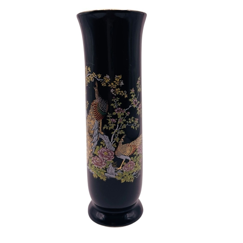 Vintage Otagiri Japan Peacock Crown Iris Black Gold Ceramic Bud Vase 6.5 In - Picture 2 of 13
